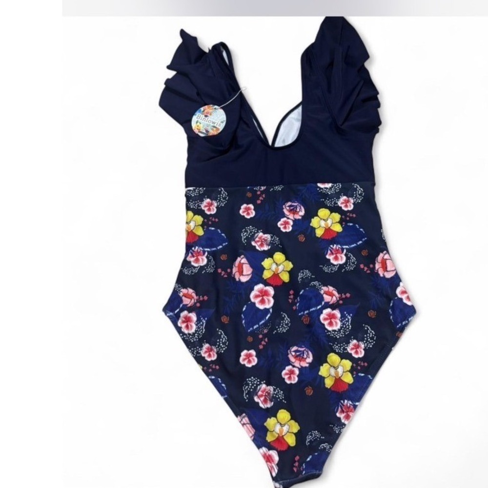 Binlowis Women Floral One Piece Swimsuit Navy Blue Ruffle V-Neck Ruche Small NEW - Picture 5 of 8